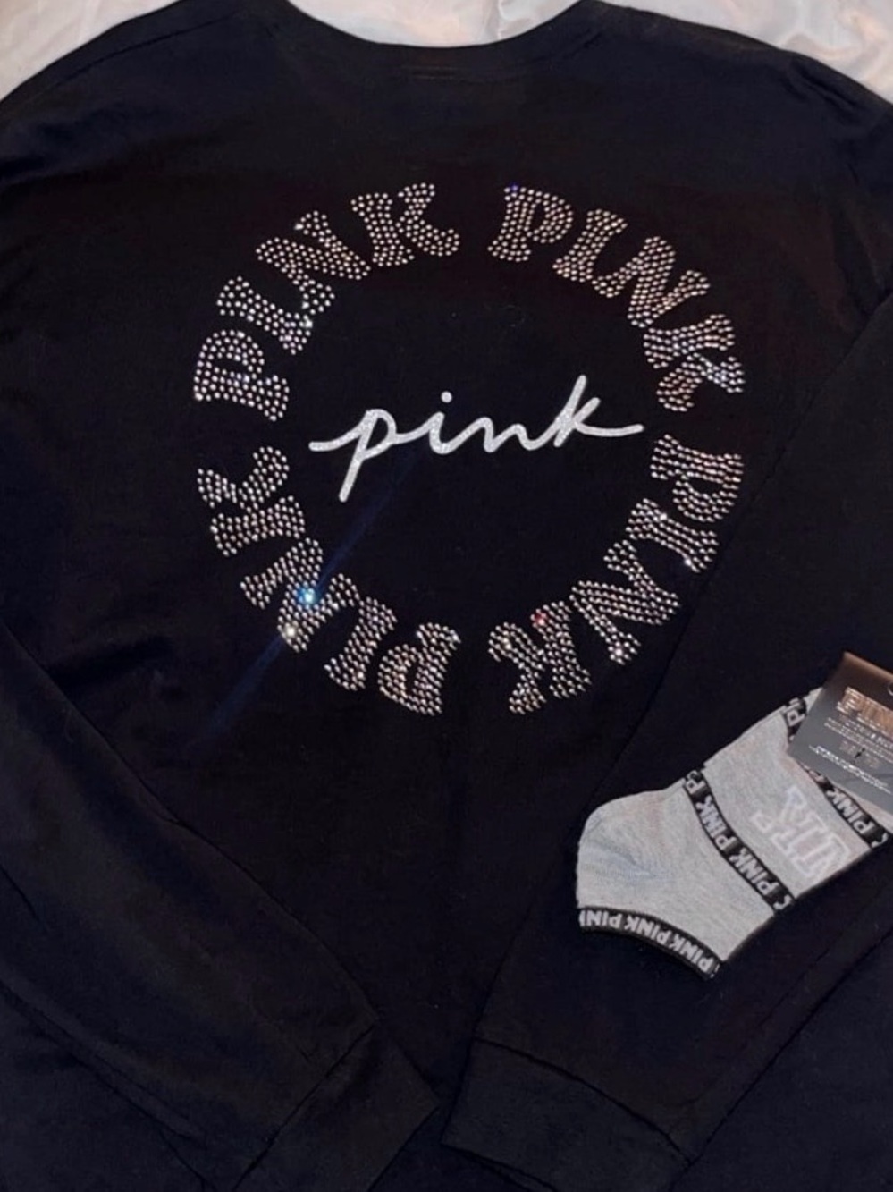 PINK Victoria's Secret Black Rhinestone Logo Pullover & Socks